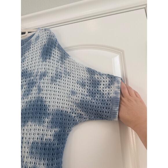 Marled Reunited Clothing Blue and White Tie Dye Open Knit Crochet Sweater Shirt - Picture 4 of 6